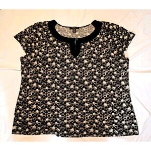 Women Sz 2X Designers Originals Top Blouse Black White Stretch Knit Cap Sleeves